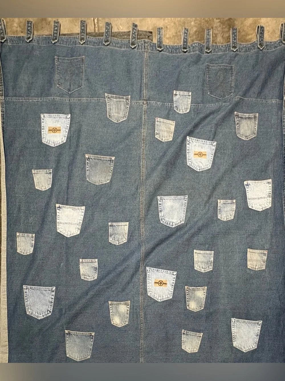 Upcycled Heavy Denim Shower Curtain W/ Hand Sewn Blue Jean Pockets Wall Hanging